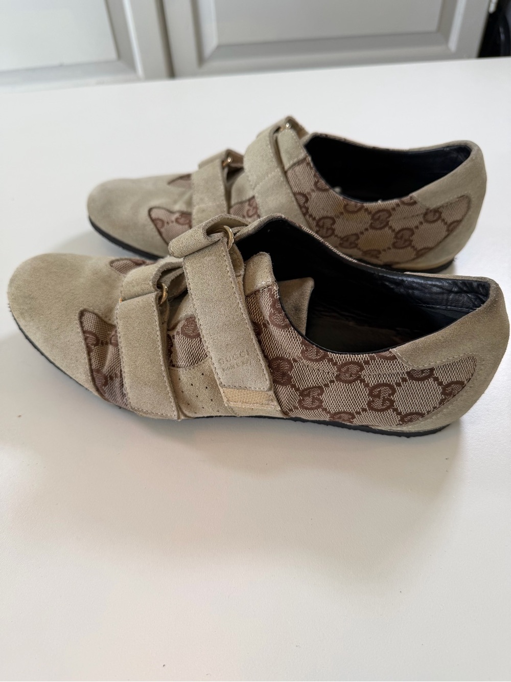 Vintage Gucci GG Monogram Beige Brown Hook & Loop Sneakers 38.5 Tom Ford Italy